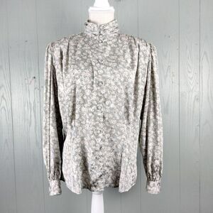 Vintage Romantic Blouse 14 Gray Microfloral Prairie Fairy Grunge Satin‎ Buttons